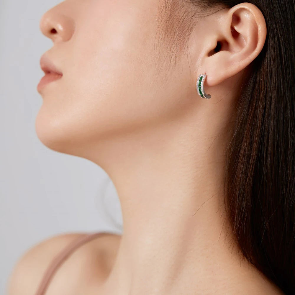 Silver Zircon Round Cut Stud Ear Hoops