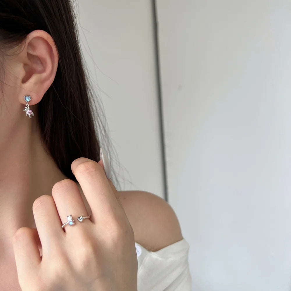 Silver Zircon Round Cut Bear Drop Earrings