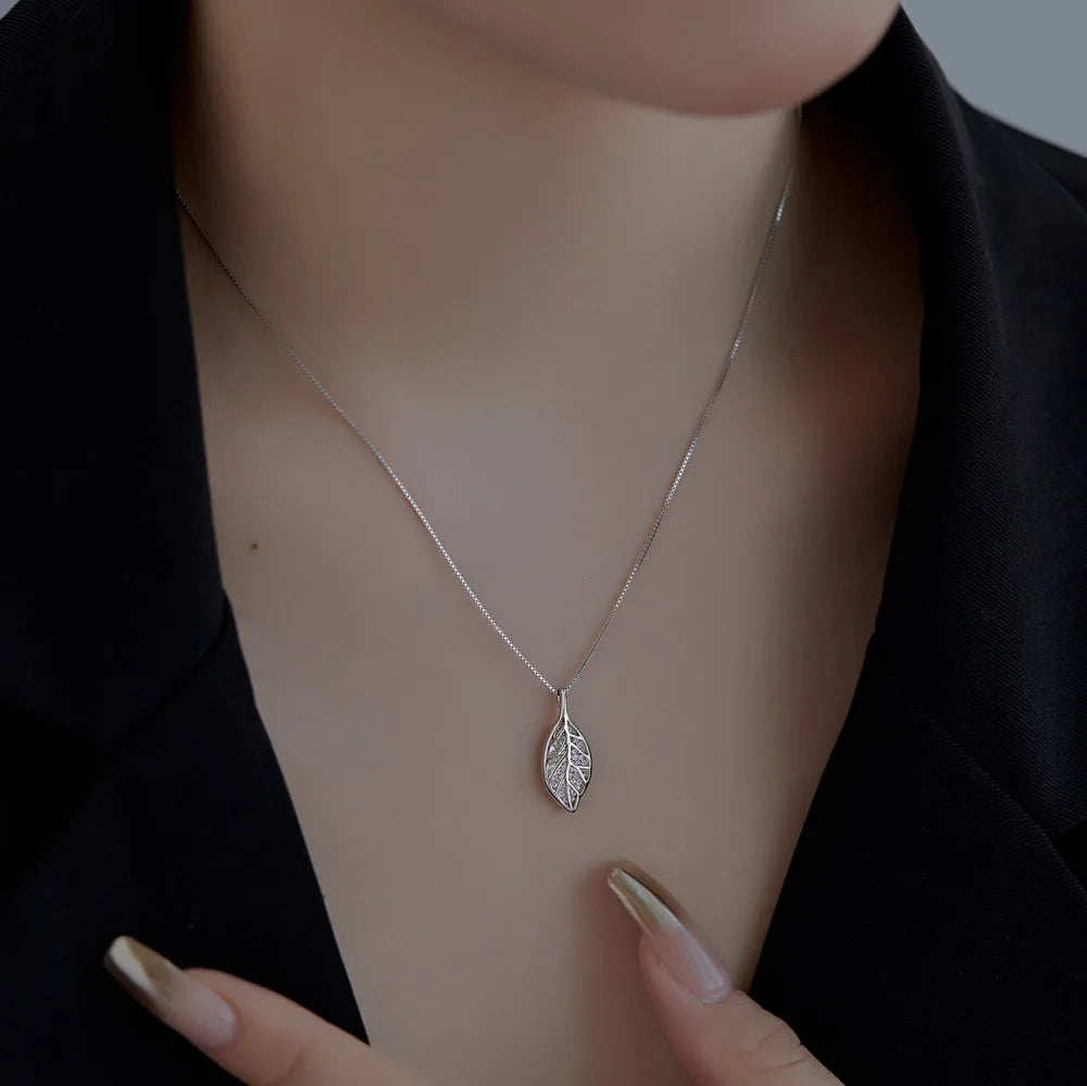 Silver Zircon Round Cut Leaf Pendant Necklace