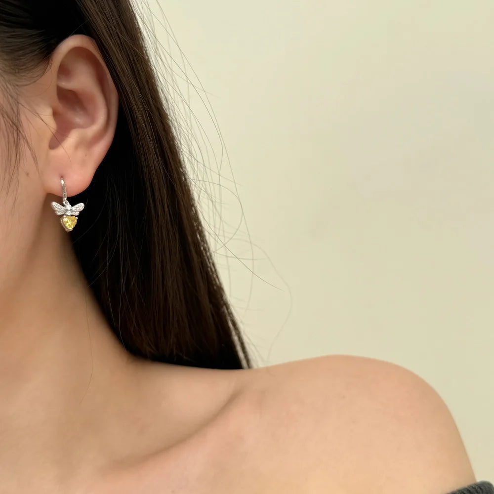 Silver Zircon Heart Cut Butterfly Drop Earrings