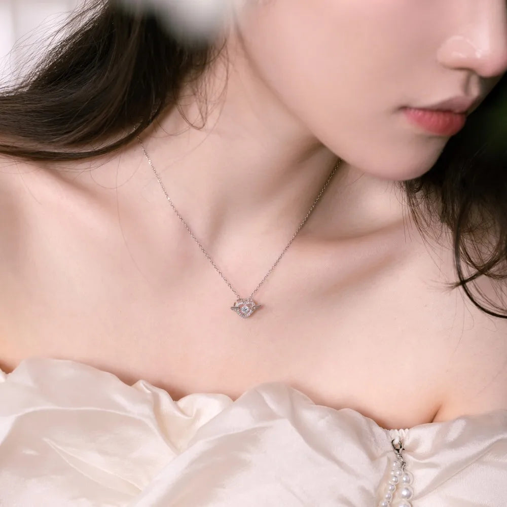 Silver Zircon Round Cut Halo Heart Pendant Necklace