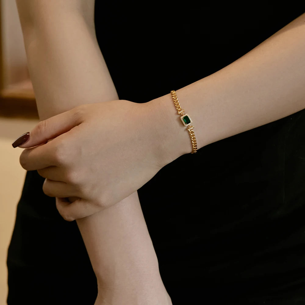 Silver Zircon Emerald Cut Cuban Chain Bracelet