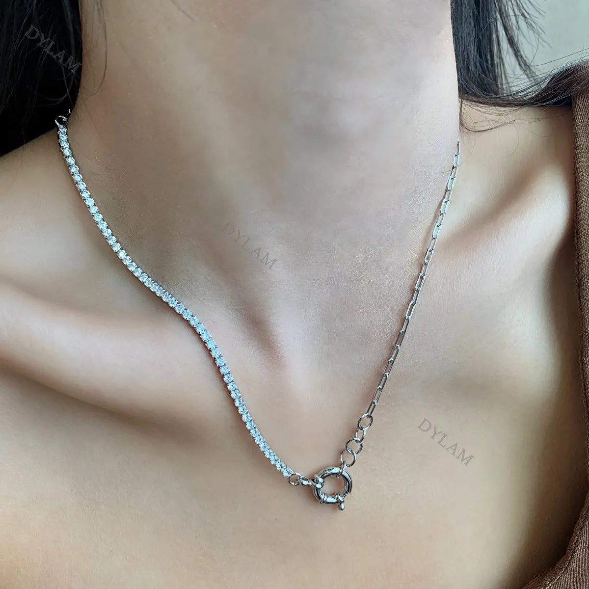 Silver Zircon Round Cut Chain Ring Link Tennis Necklace