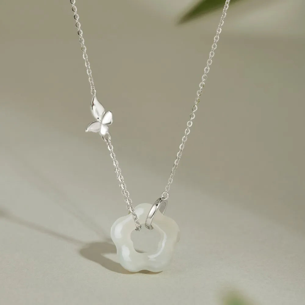 Silver Jade Cut Flower Pendant Necklace
