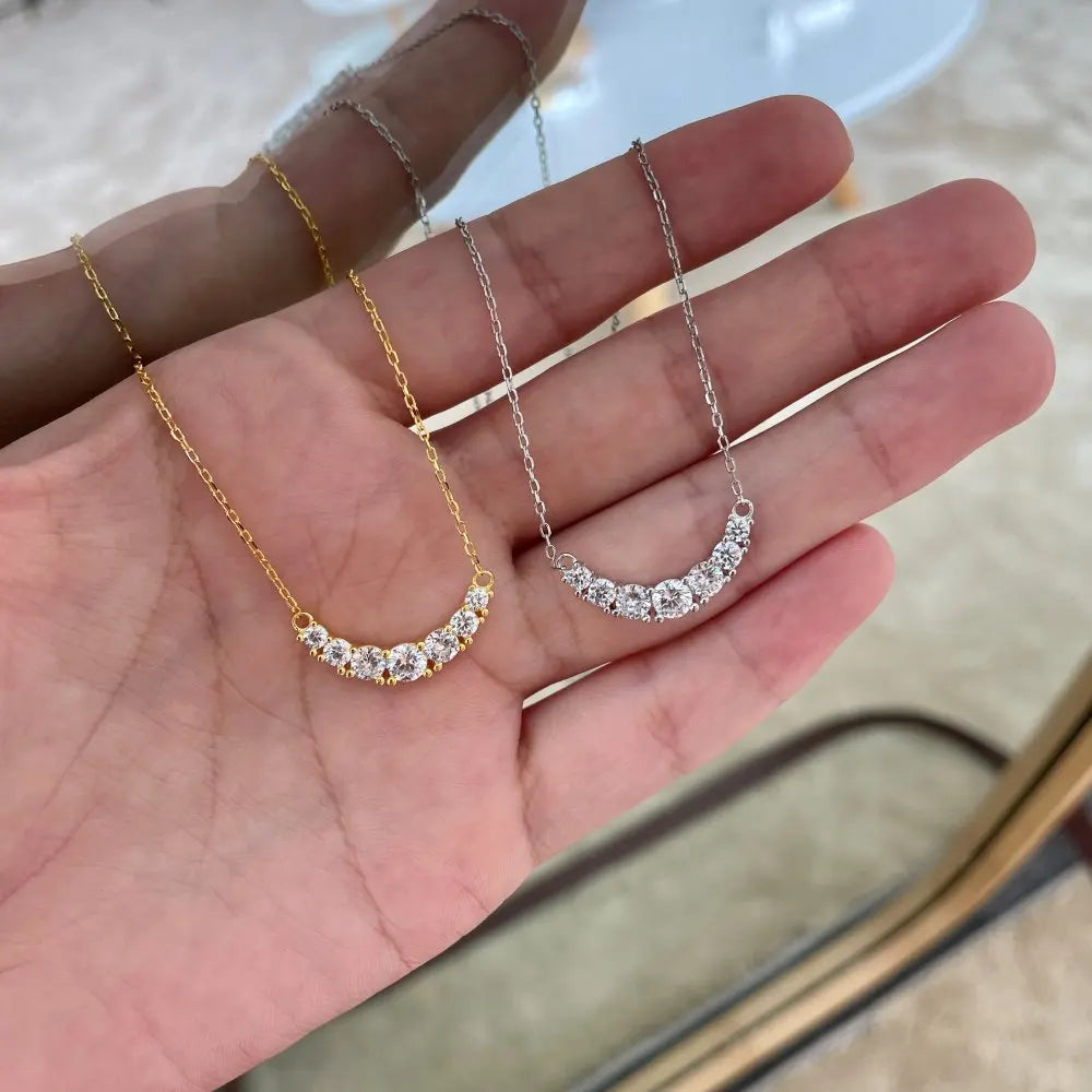 Silver Zircon Round Cut Smile Bar Necklace
