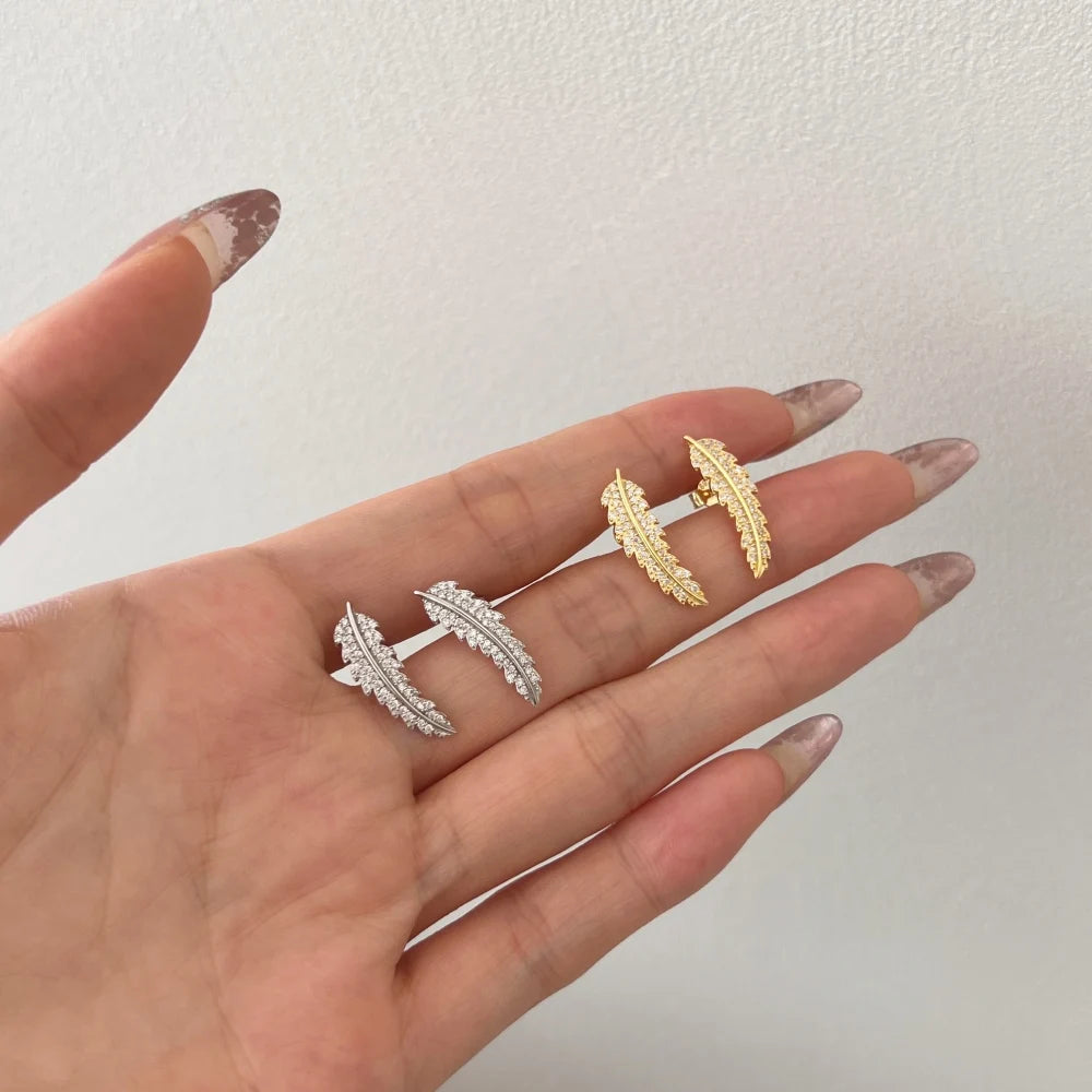 Silver Zircon Round Cut Leaves Ear Studs