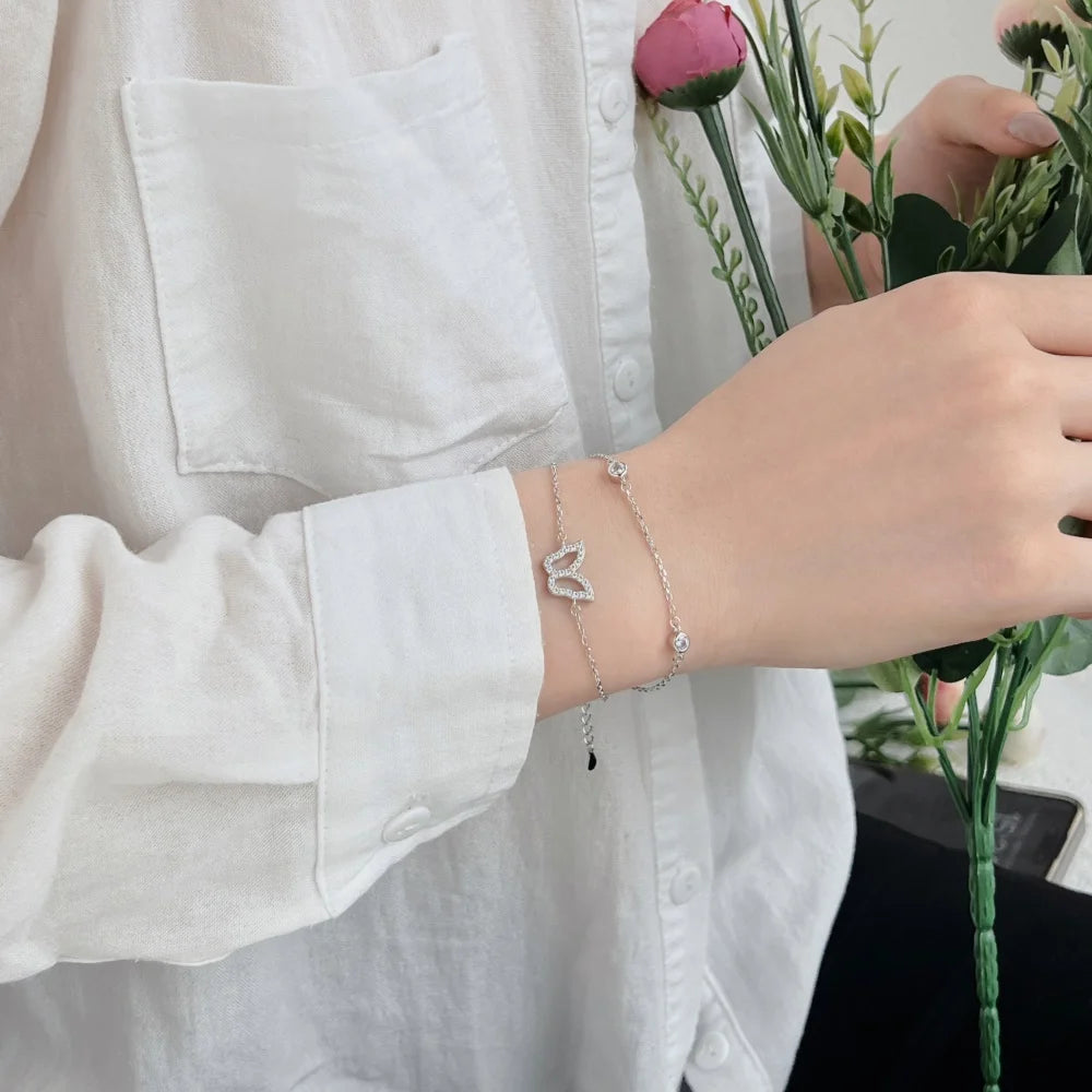 Silver Zircon Round Cut Iced Butterfly Chain Bracelet