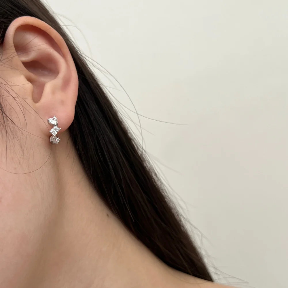 Silver Zircon Baguette Cut Inlaid Multi Shape Huggie Earrings