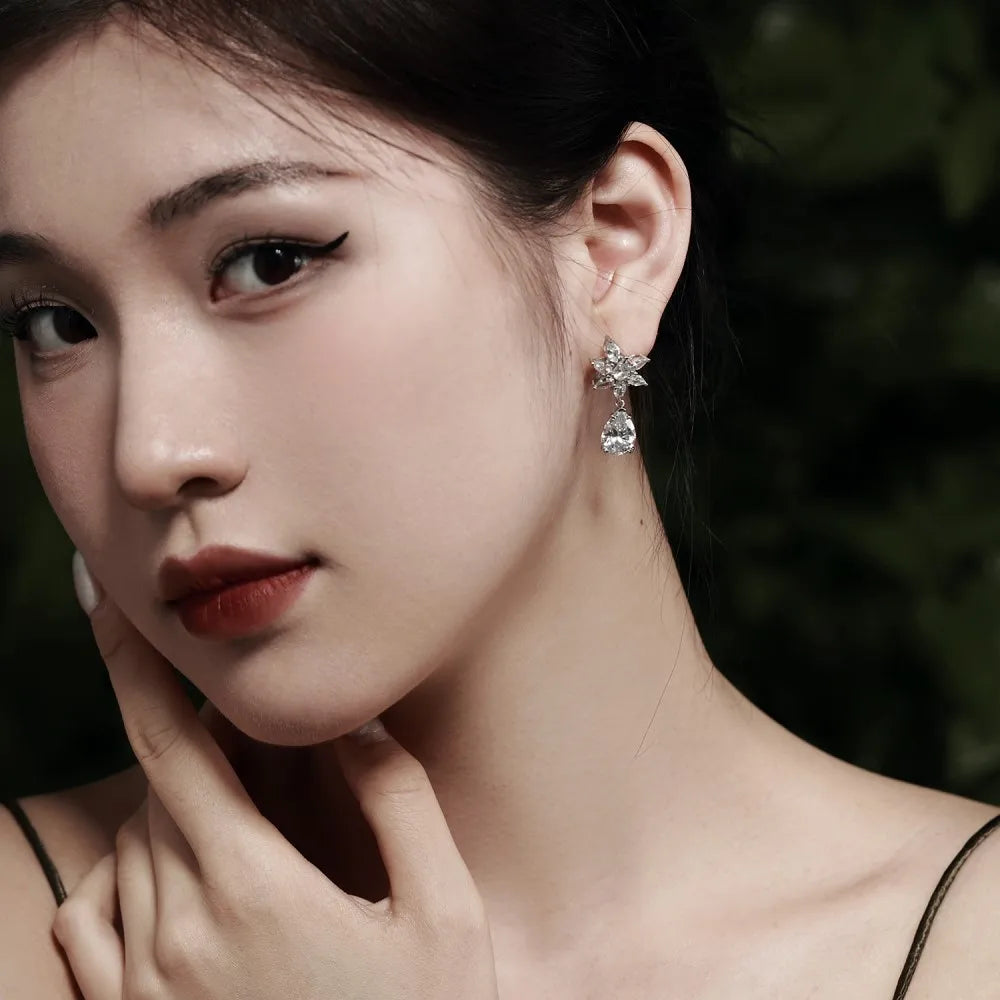 Silver Zircon Pear Cut Flower Drop Earrings