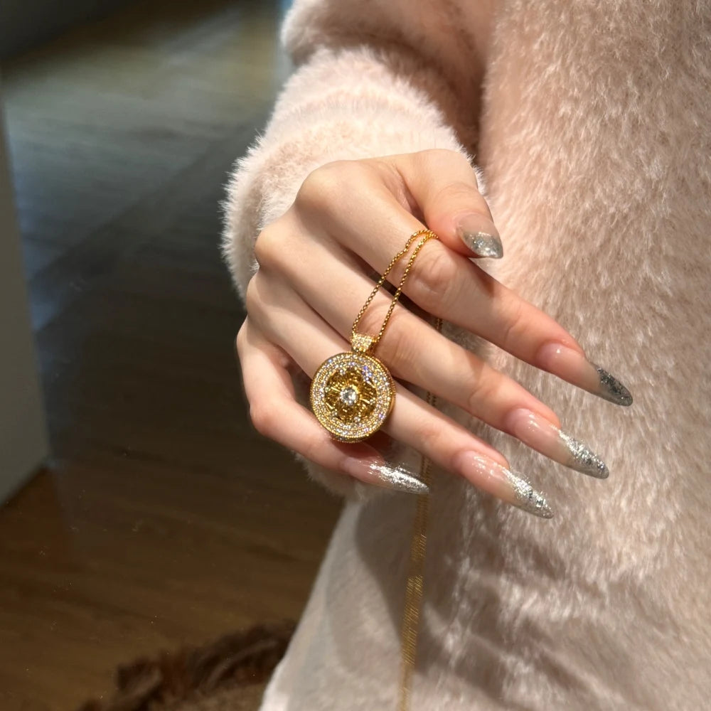 Silver Zircon Round Cut Halo Disc Pendant Necklace