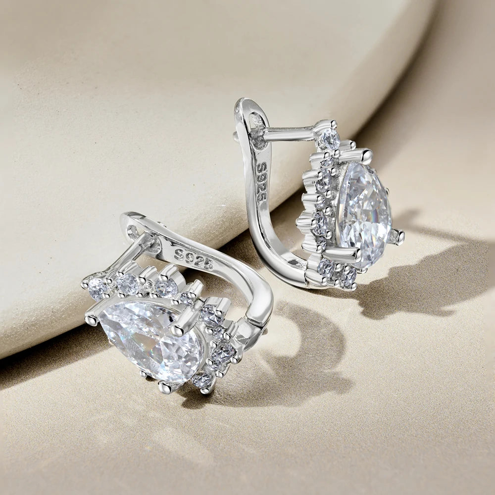 Silver Zircon Pear Cut Halo Water Drop Huggie Earrings