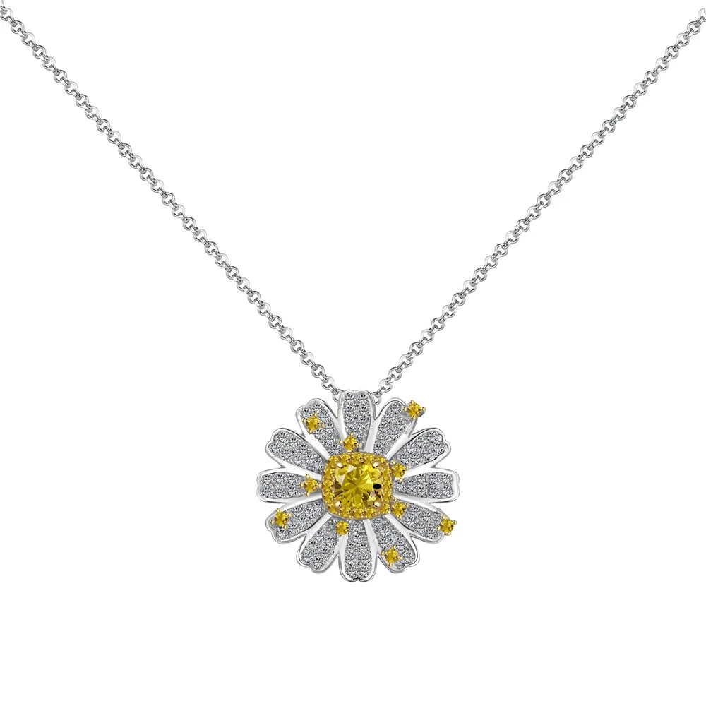 Silver Zircon Cushion Square Cut Daisy Pendant Necklace