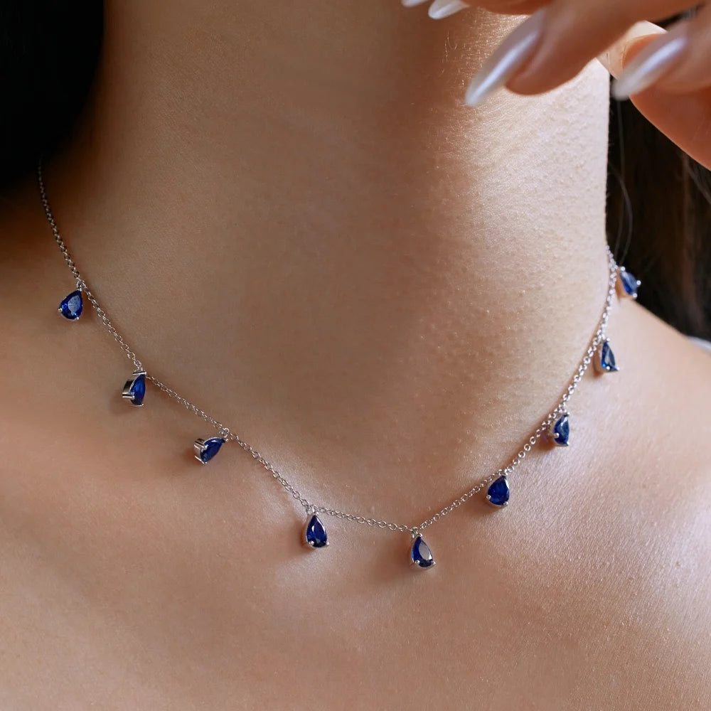 Silver Zircon Pear Cut Tassel Chain Necklace