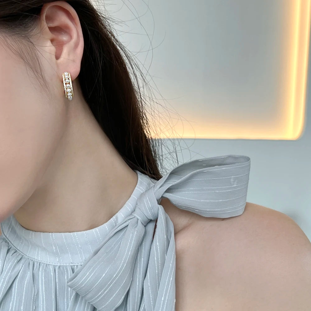 Silver Pearl Hook Inlaid Ear Hoops