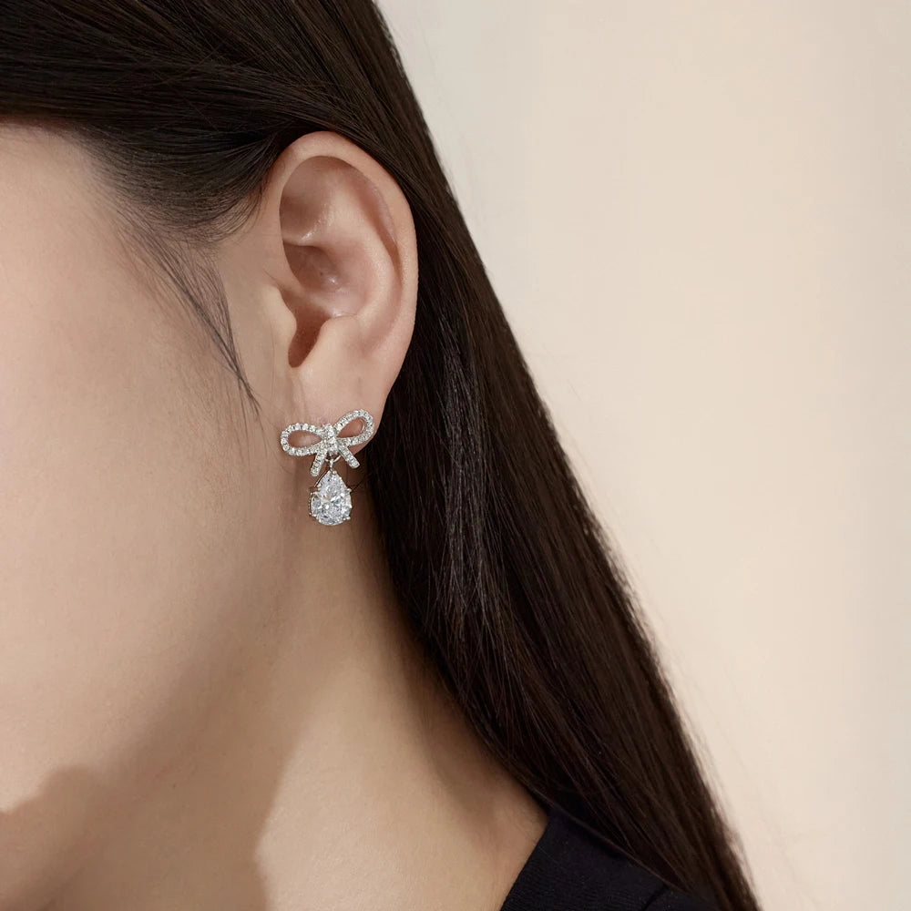 Silver Zircon Pear Cut Bow Drop Earrings