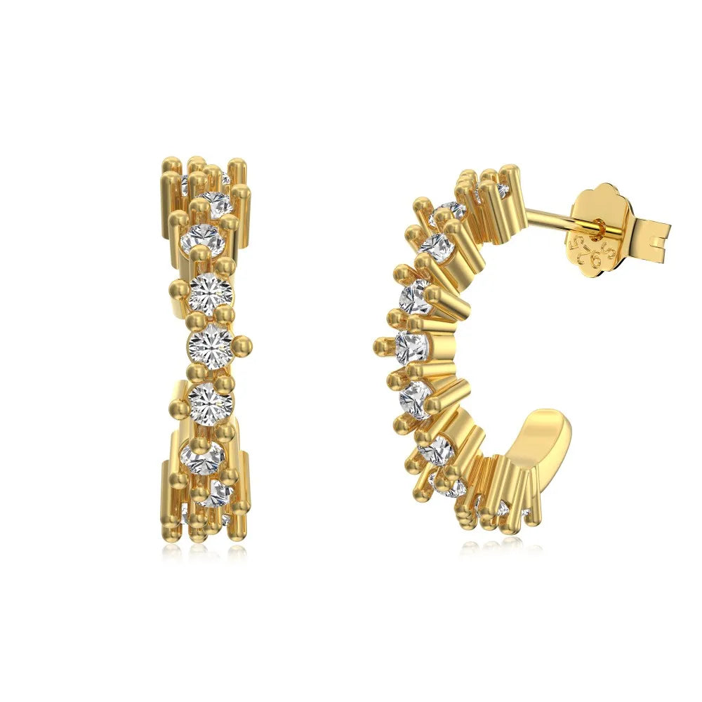 Silver Zircon Round Cut Hook Inlaid Ear Hoops