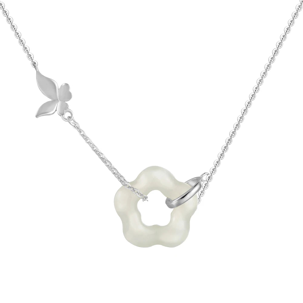 Silver Jade Cut Flower Pendant Necklace