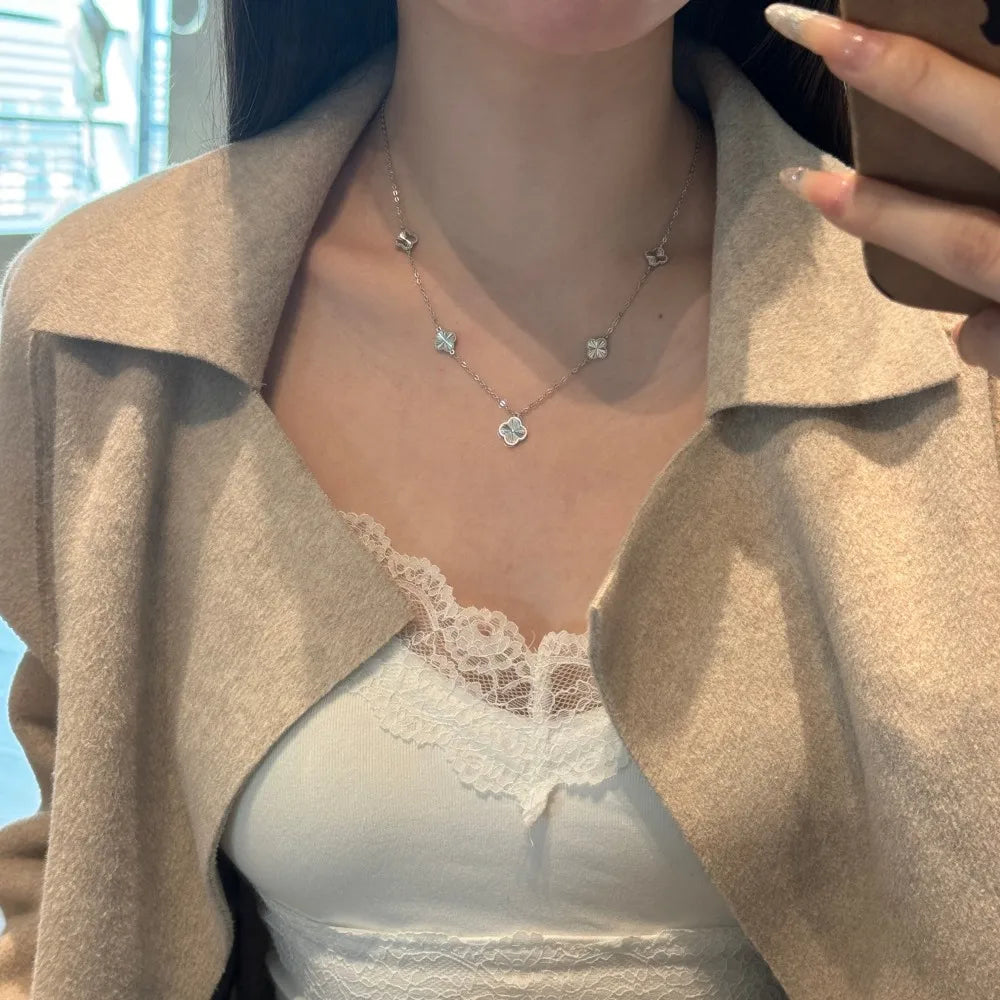 Silver Big Layered Clover Chain Necklace