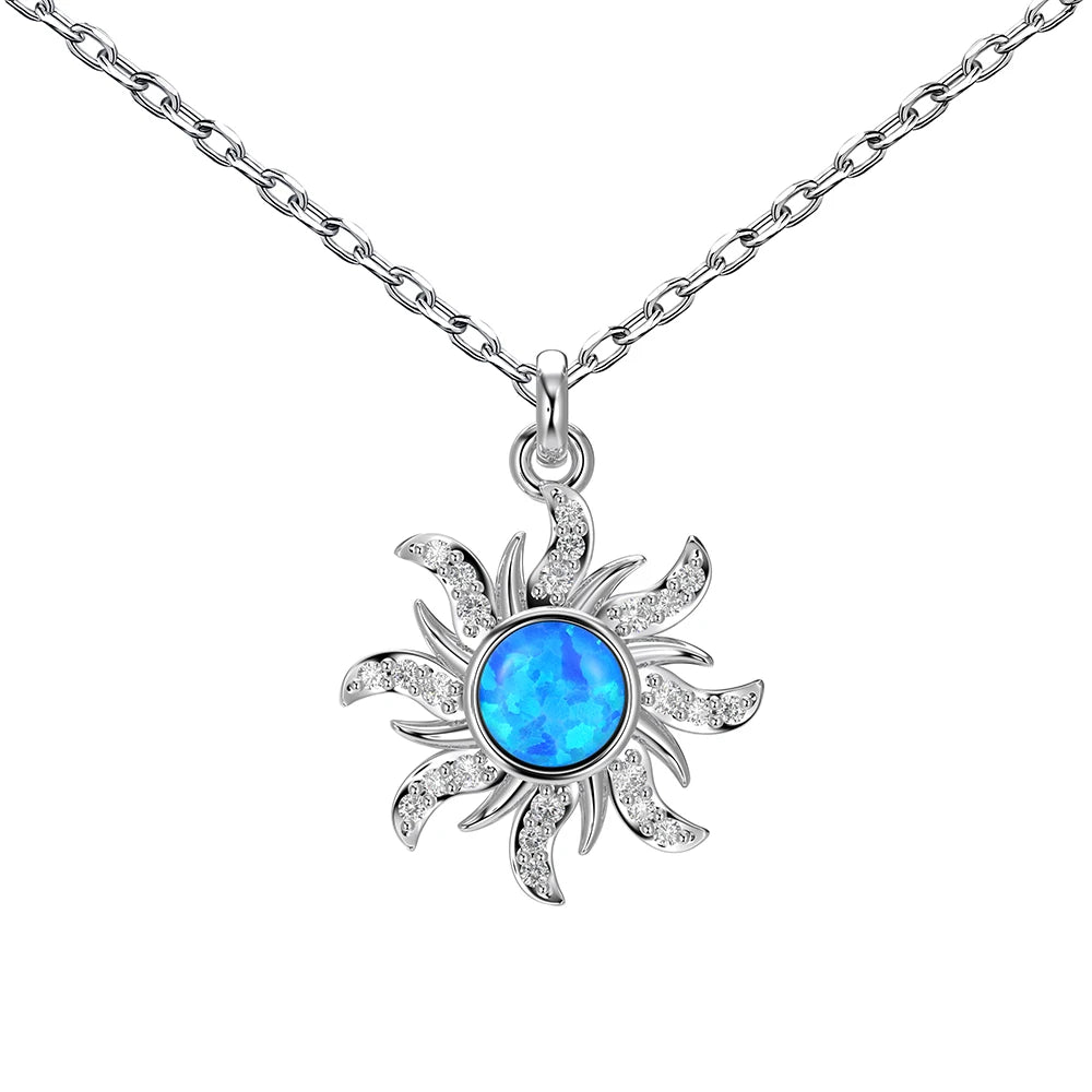 Silver Opal Round Cut Sunshine Pendant Necklace