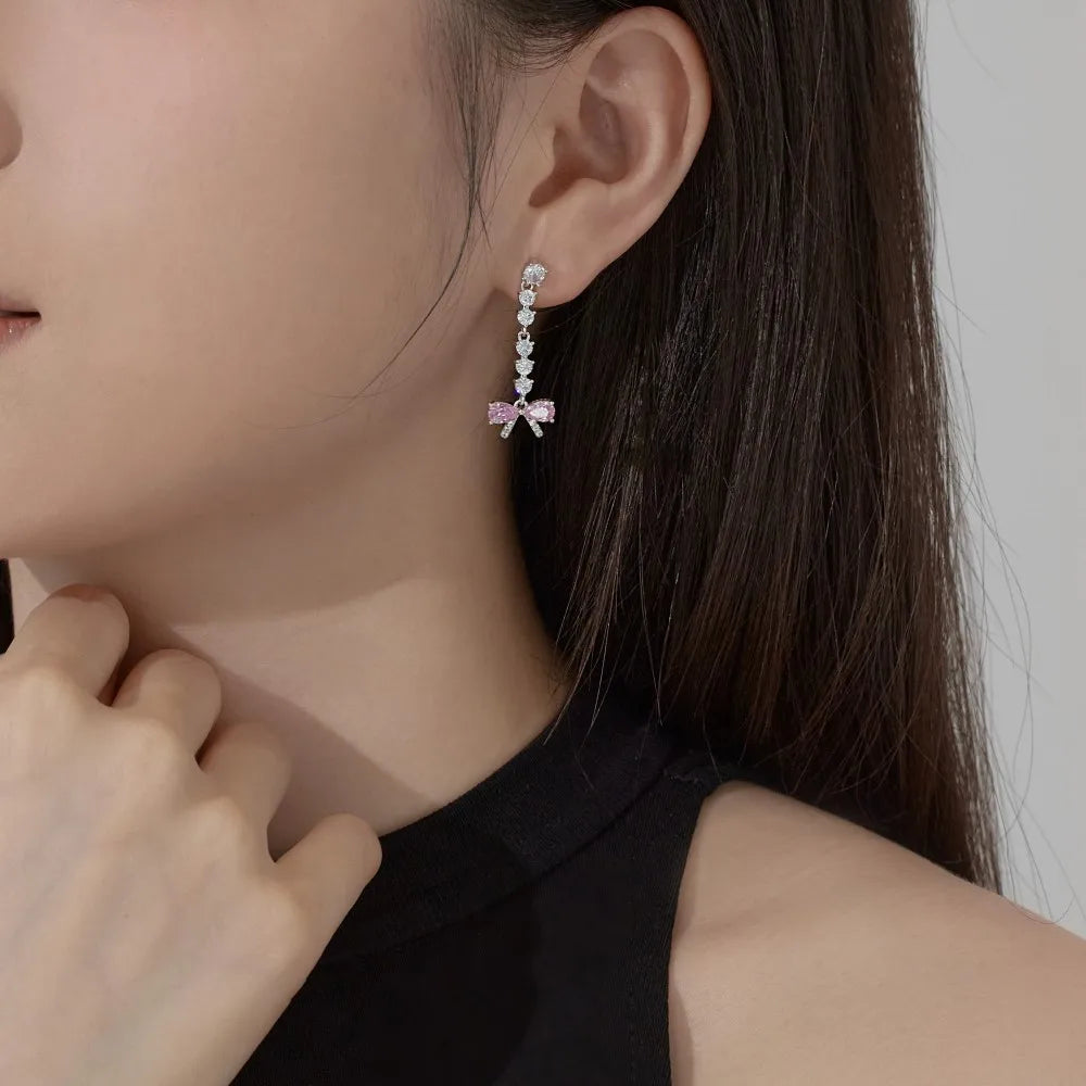 Silver Zircon Pear Cut Dangle Bow Drop Earrings