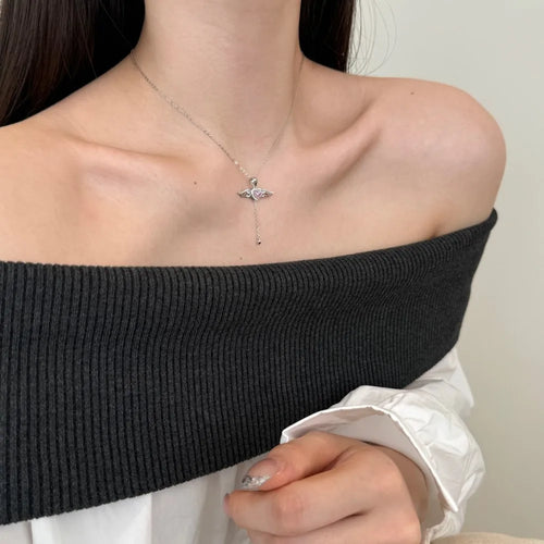 Silver Zircon Heart Cut Wings Pendant Necklace