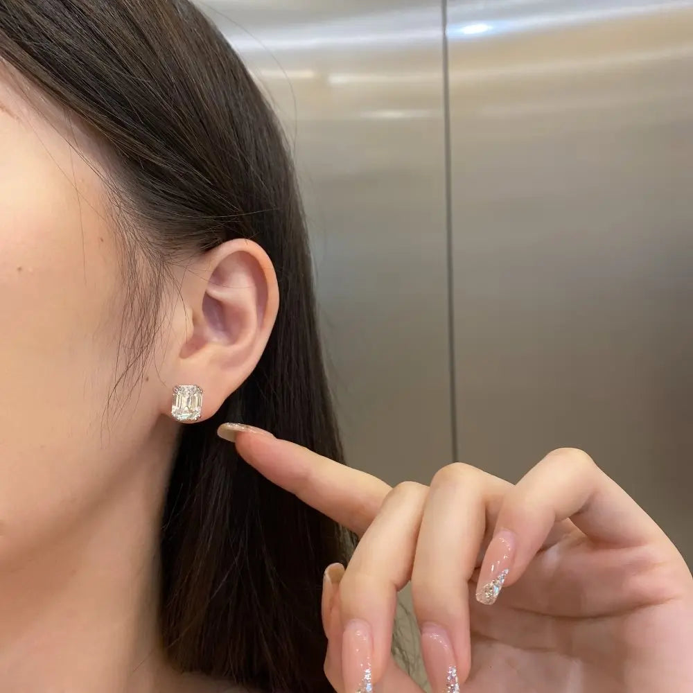 Silver Zircon Emerald Cut Curved Ear Studs