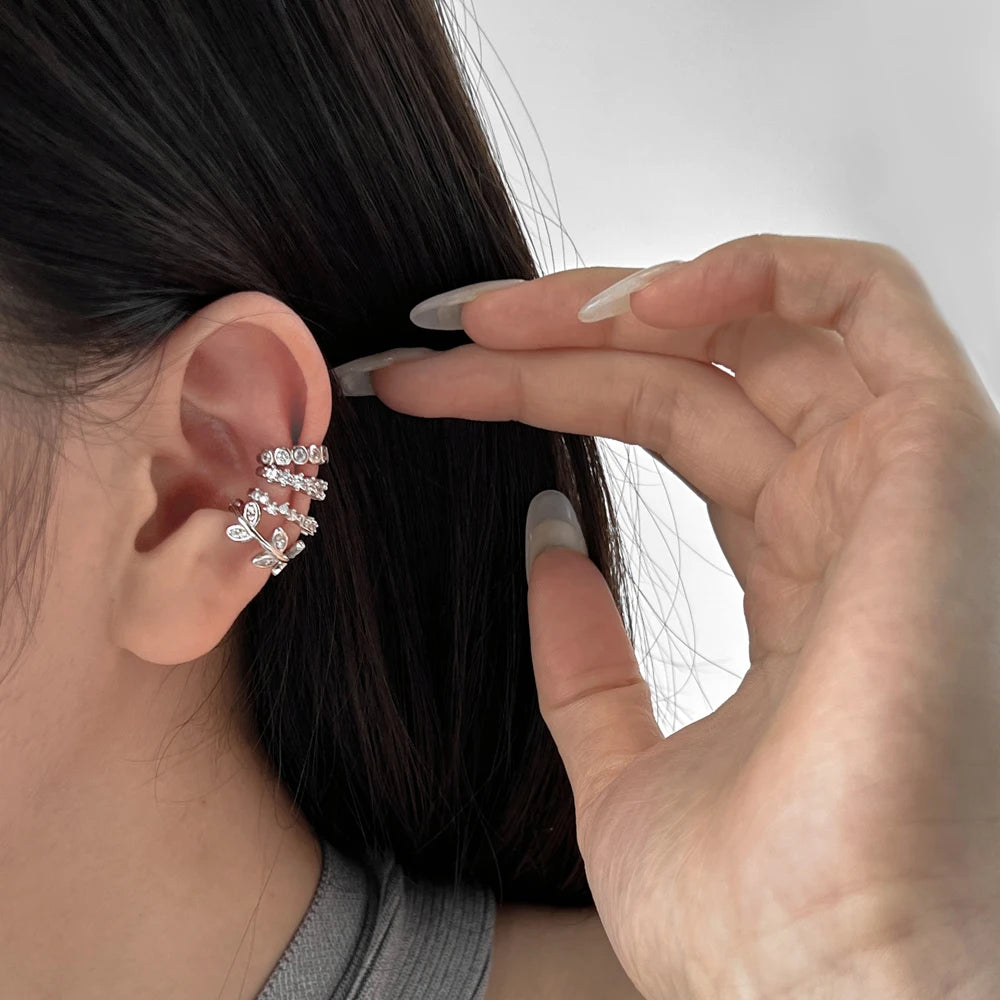 Silver Zircon Round Cut Inlaid Ear Cuffs