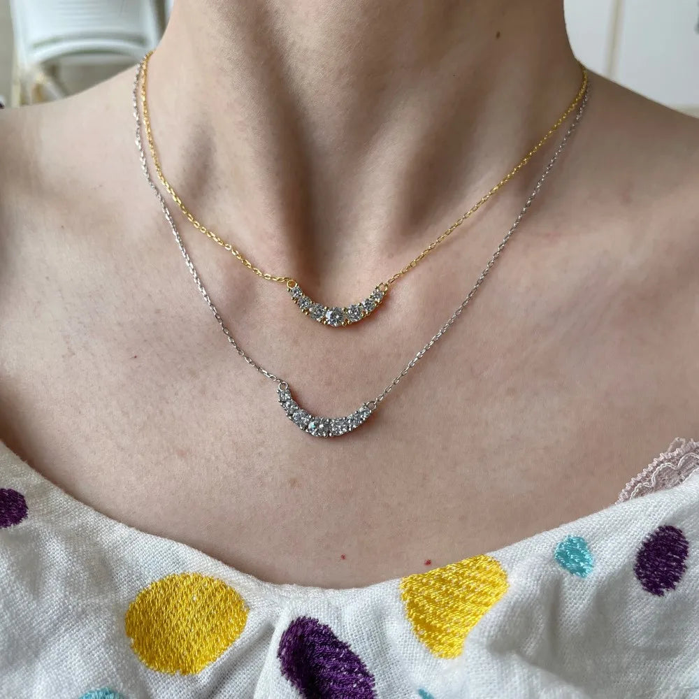 Silver Zircon Round Cut Smile Bar Necklace