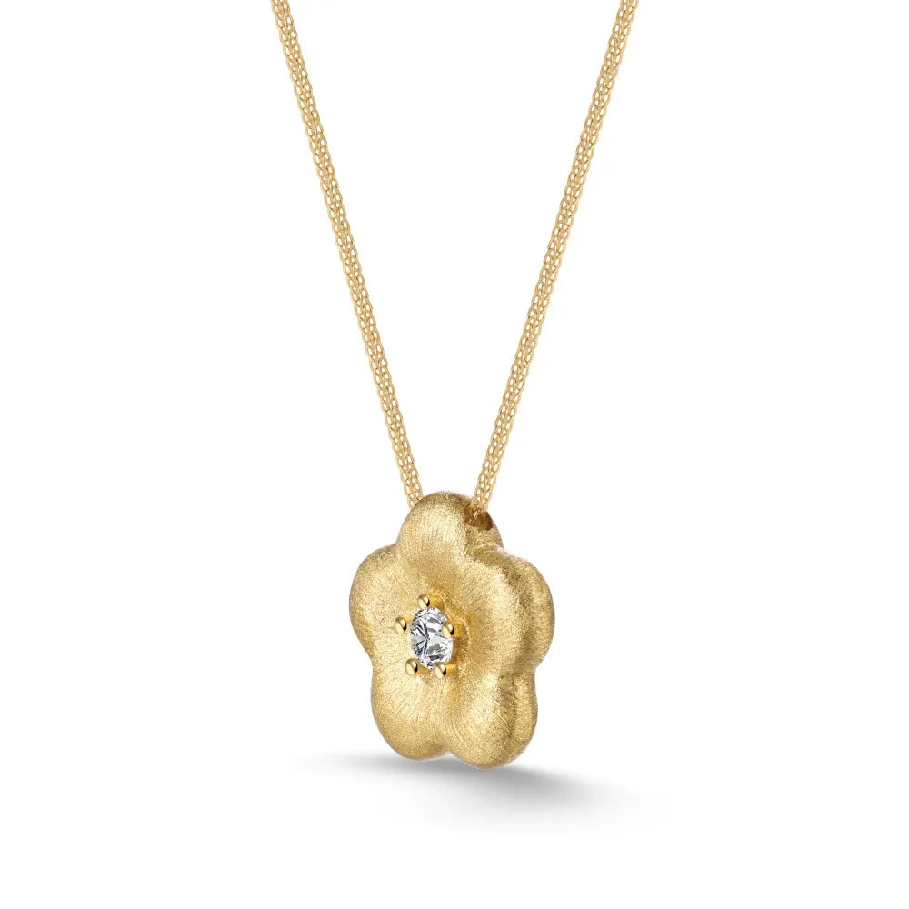 Silver Zircon Round Cut Sakura Flower Pendant Necklace