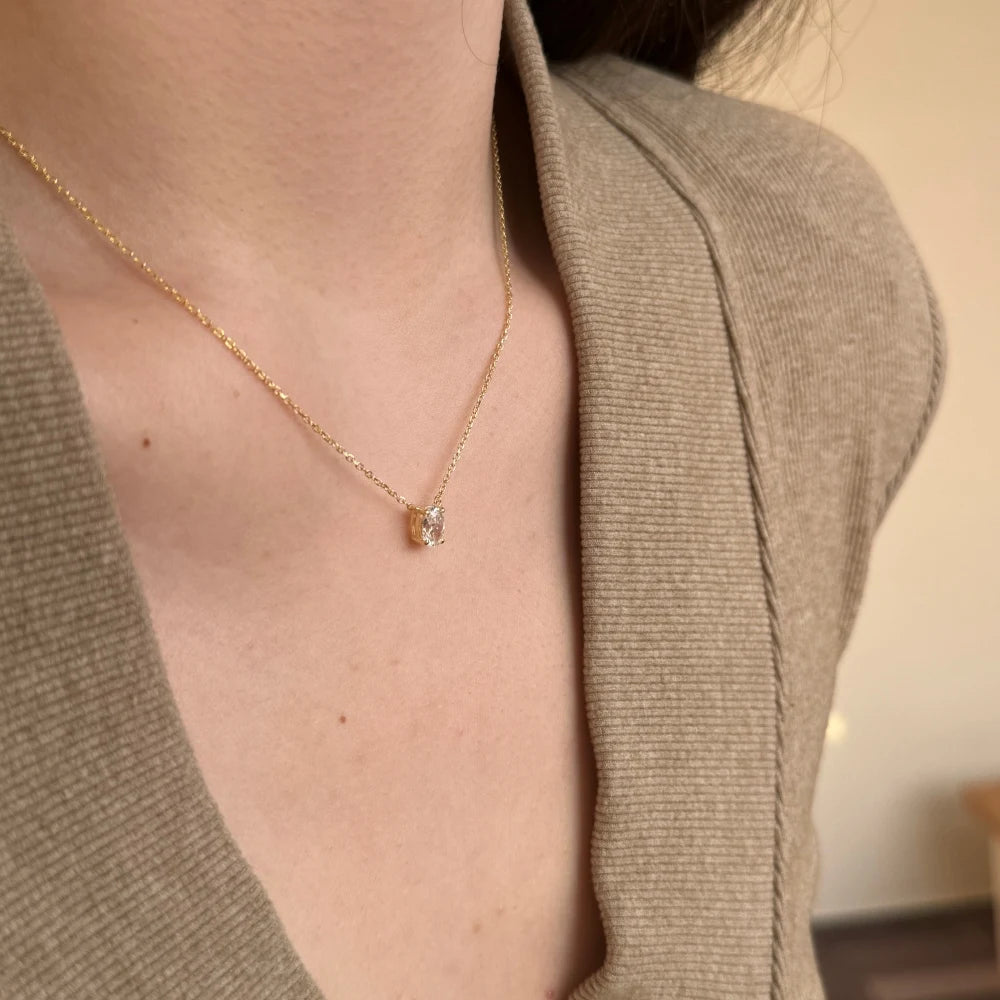 Silver Zircon Oval Cut Small Single Pendant Necklace
