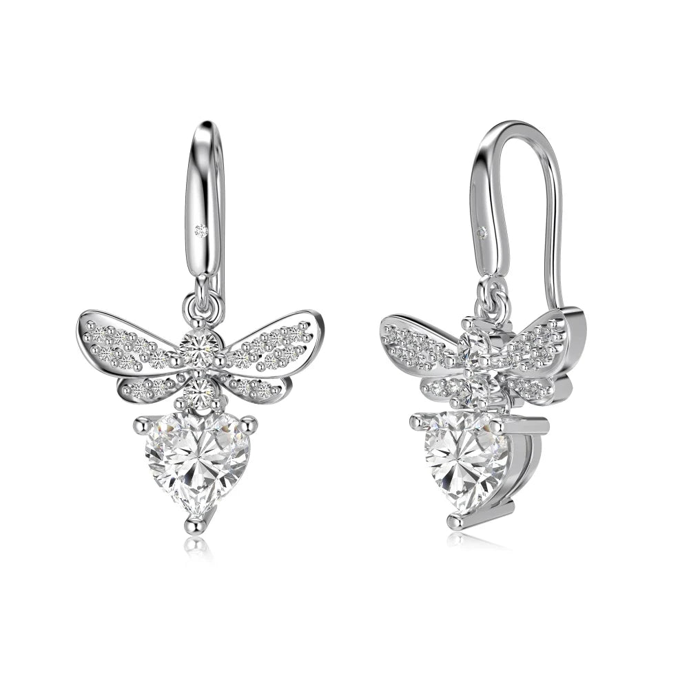 Silver Zircon Heart Cut Butterfly Drop Earrings