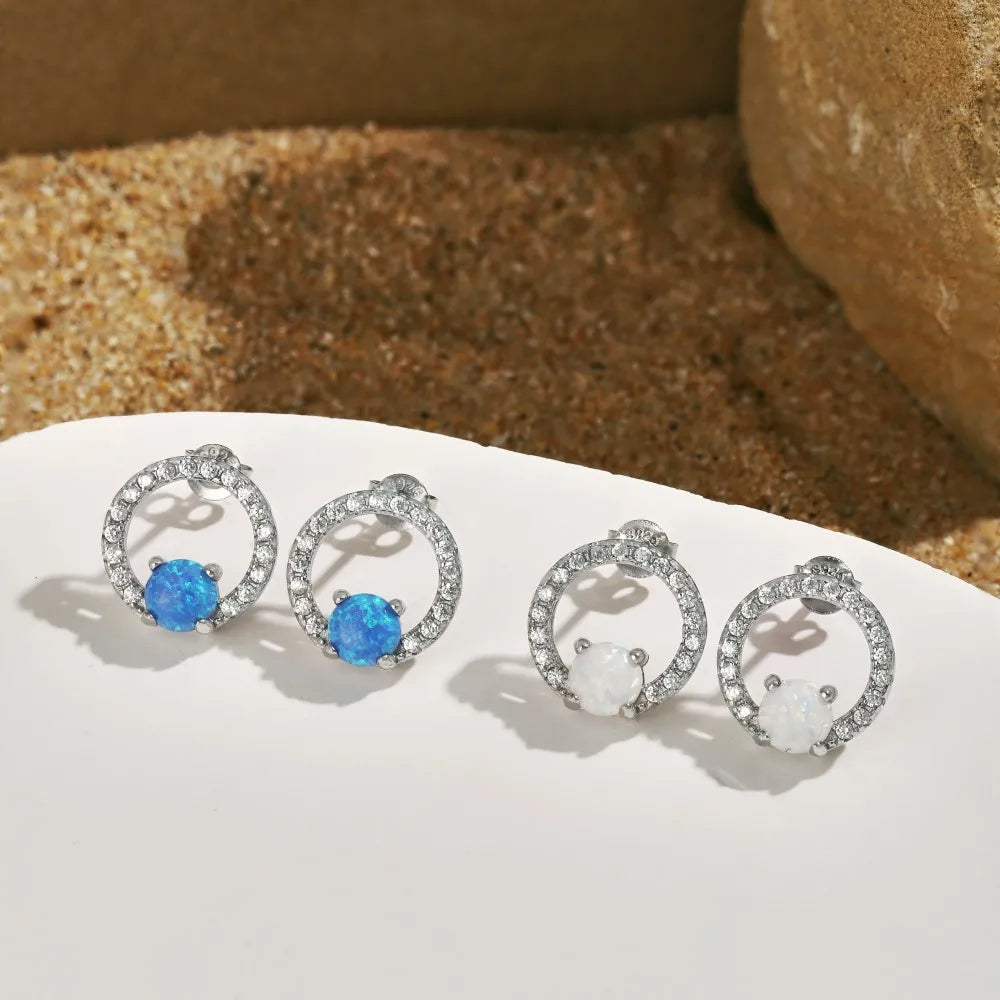 Silver Opal Round Cut Halo Disc Ear Studs