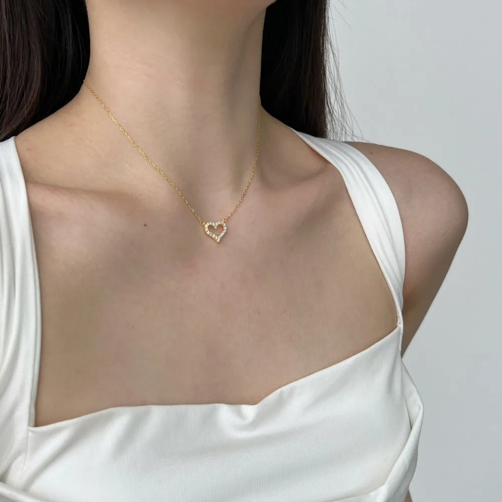 Silver Zircon Round Cut Small Inlaid Halo Heart Pendant Necklace