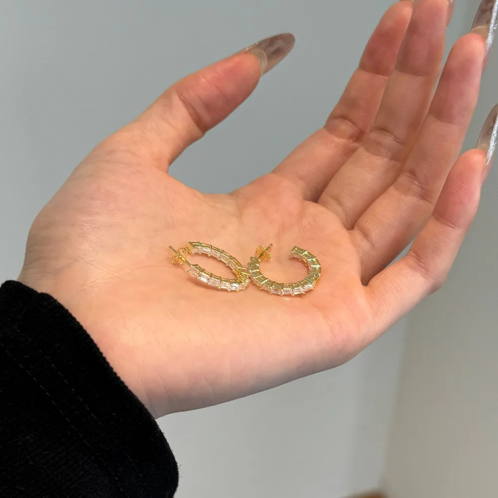 Silver Zircon Cushion Cut Hook Inlaid Ear Hoops