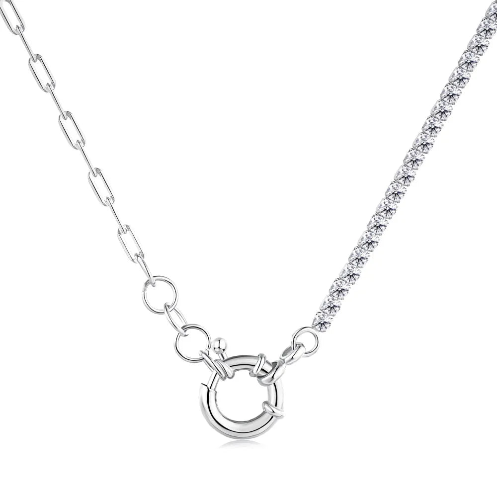 Silver Zircon Round Cut Chain Ring Link Tennis Necklace