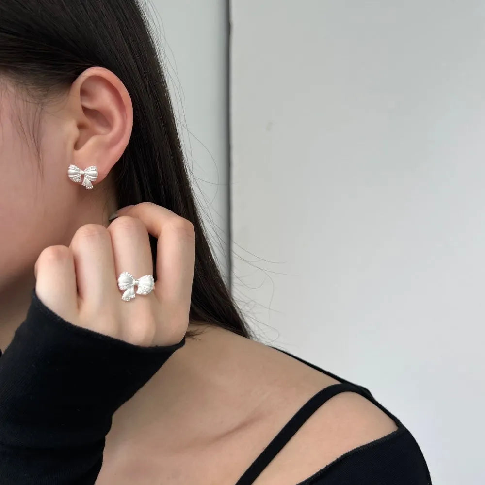 Silver Zircon Round Cut Bow Tie Ear Studs