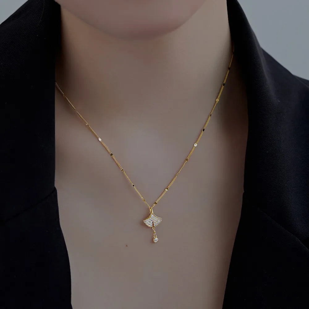 Silver Zircon Round Cut Ginkgo Leaf Pendant Necklace