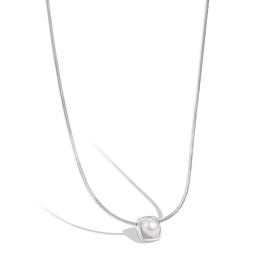 Silver Pearl Herringbone Pendant Necklace