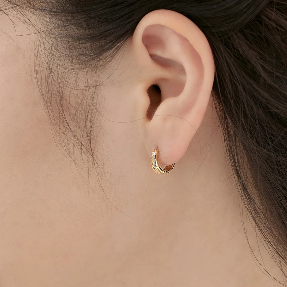 Silver Zircon Round Cut Iced Hoop Huggie Earrings