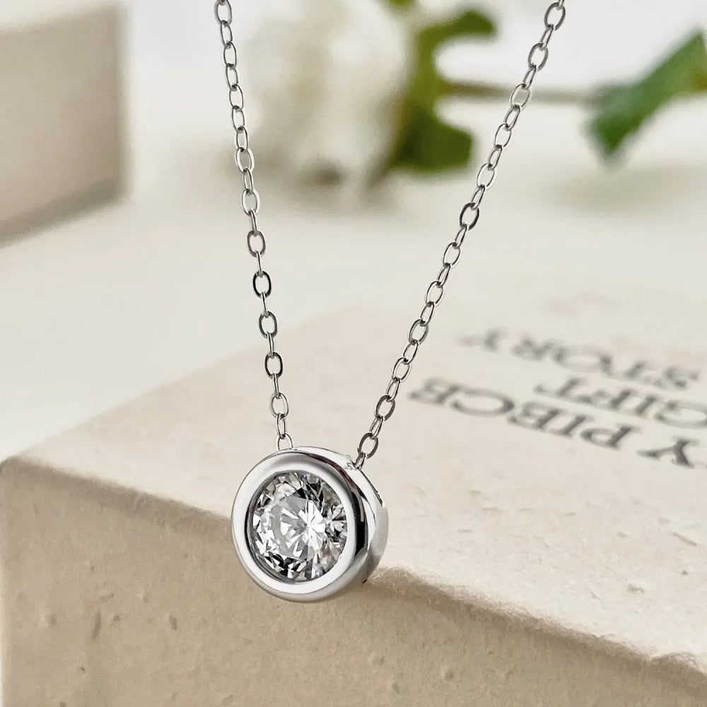 Silver Zircon Round Cut Circle Pendant Necklace