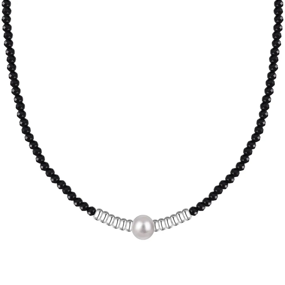 Silver Onyx Round Cut Simple Beaded Necklace