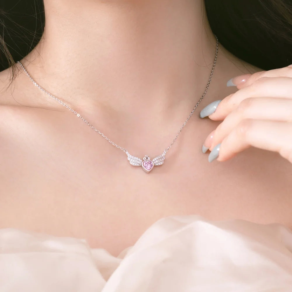 Silver Zircon Heart Cut Crown Wings Bar Necklace