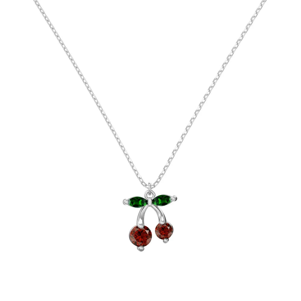 Silver Zircon Round Cut Cherry Pendant Necklace