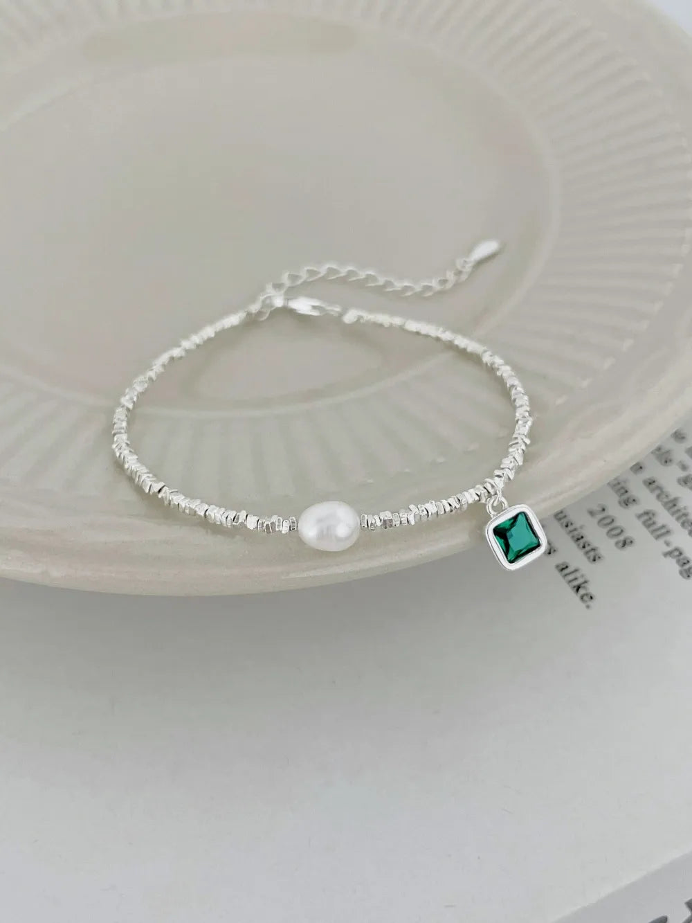 Silver Zircon Princess Cut Multi Layer Charm Beaded Bracelet