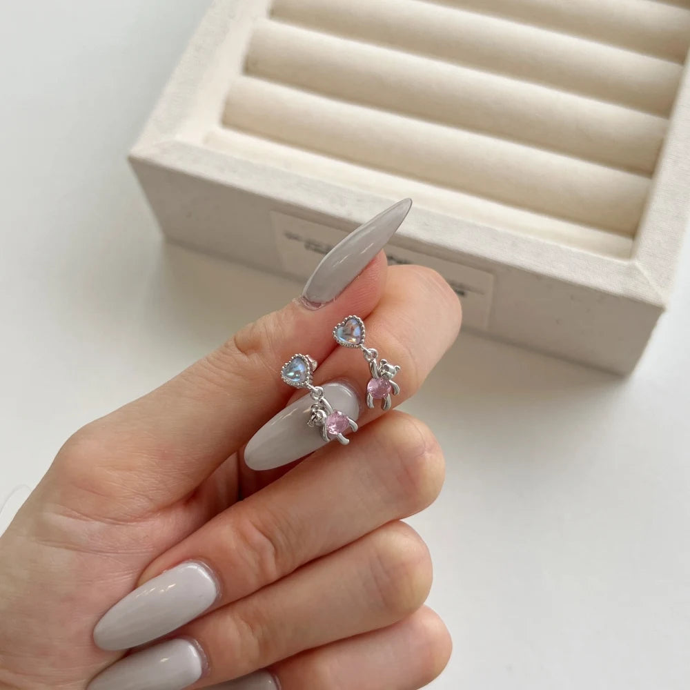 Silver Zircon Round Cut Bear Drop Earrings