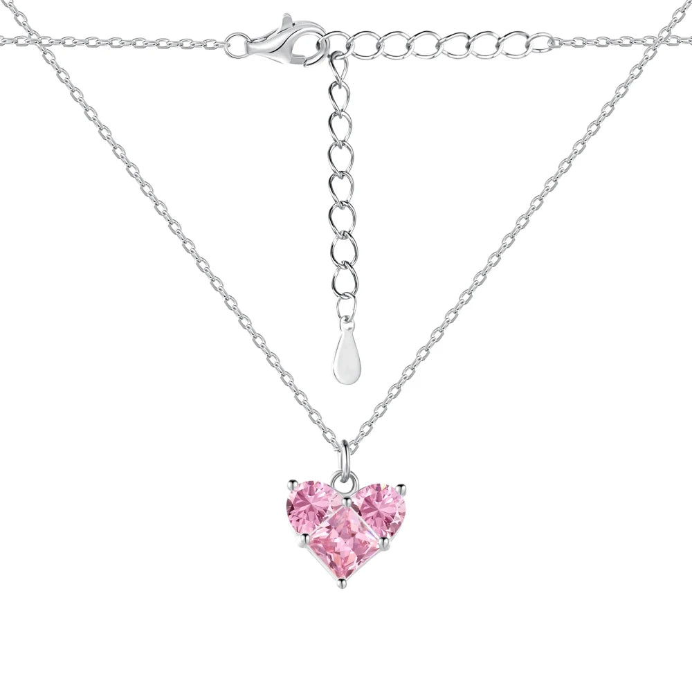 Silver Zircon Princess Cut Inlaid Heart Pendant Necklace