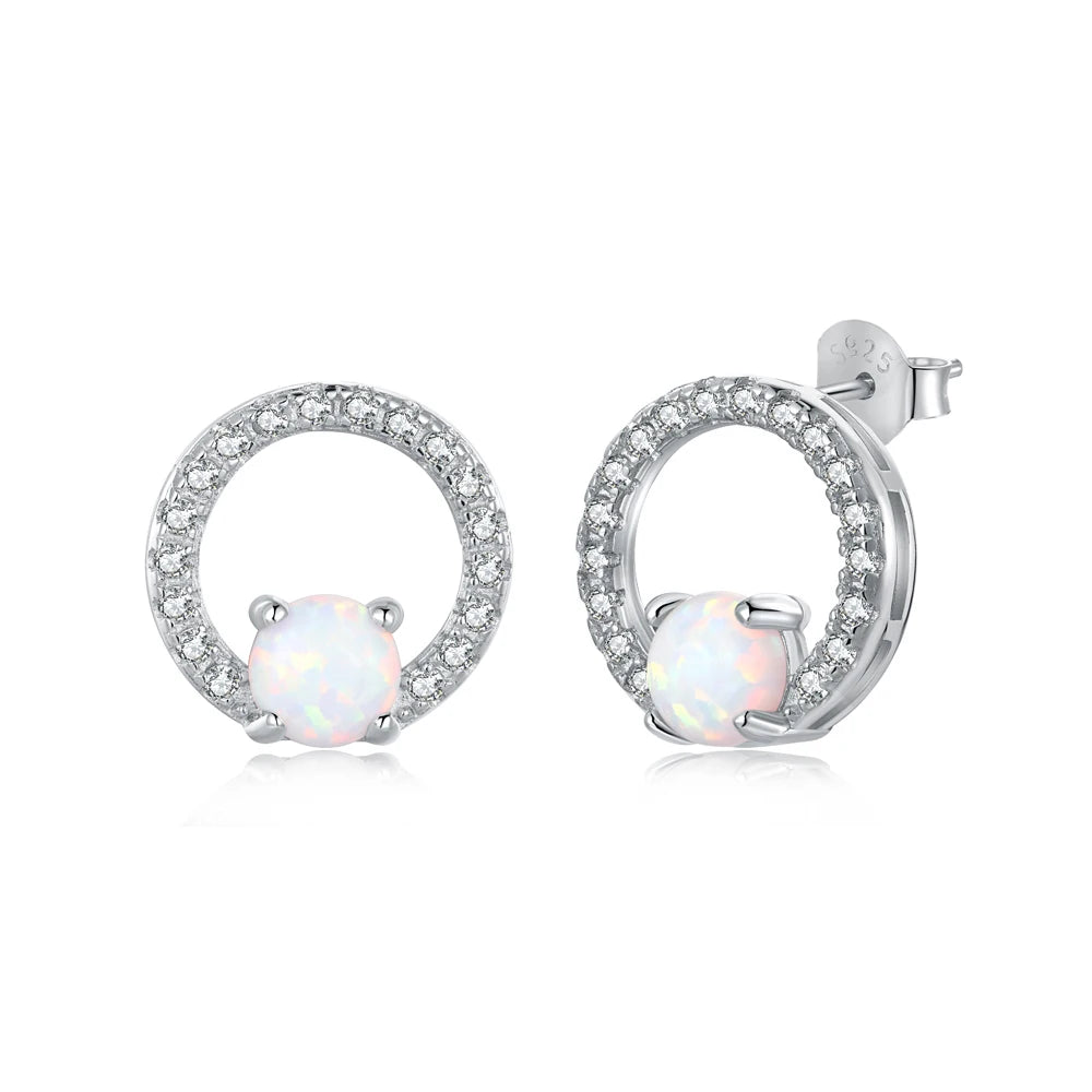 Silver Opal Round Cut Halo Disc Ear Studs