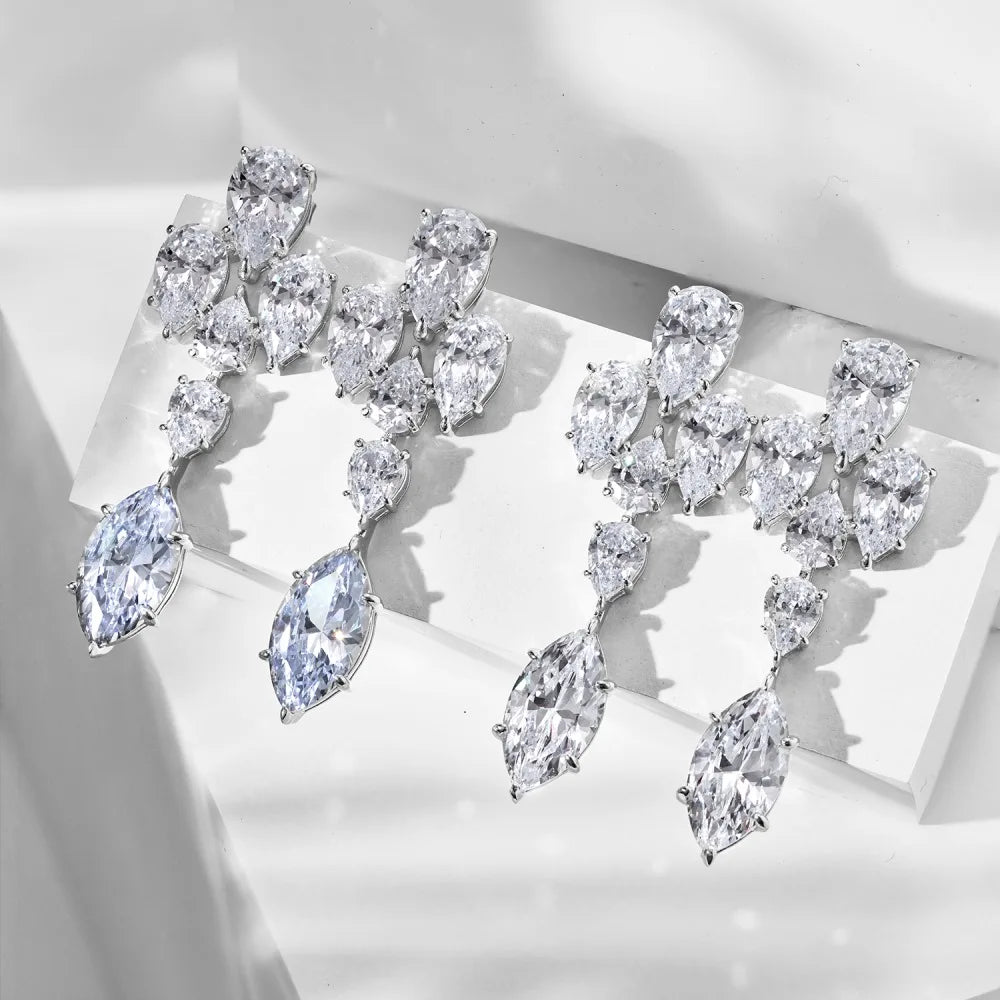 Silver Zircon Marquise Cut Dangle Drop Earrings
