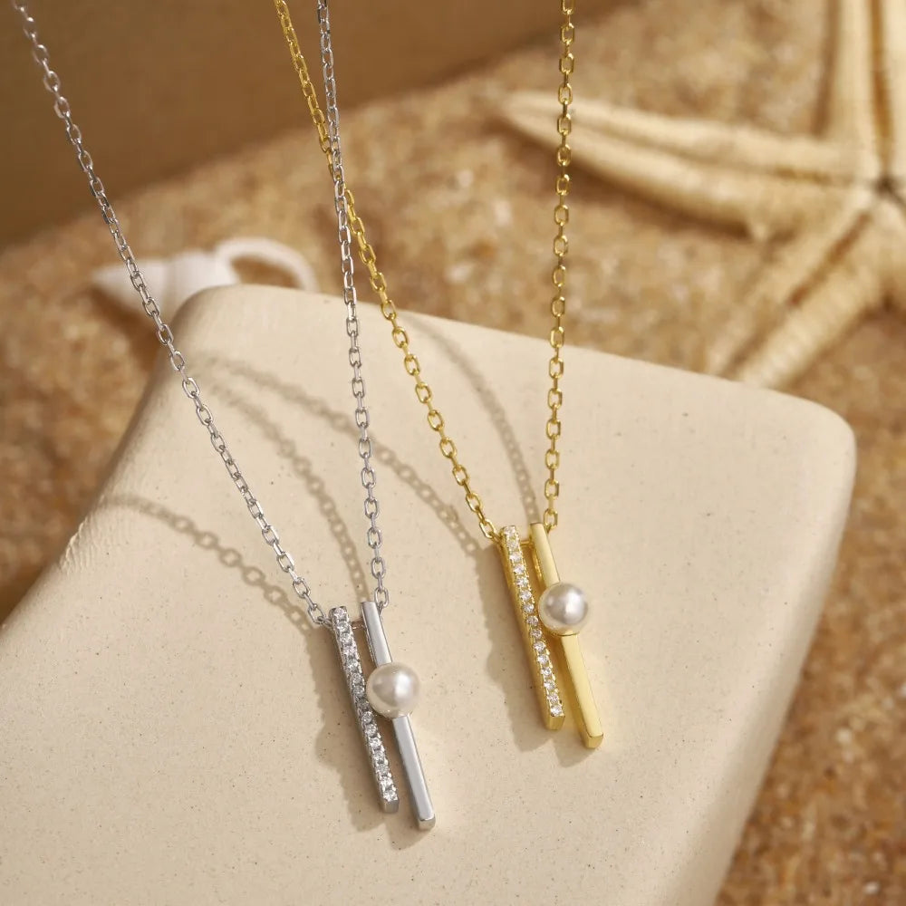 Silver Pearl Double Layer Bar Pendant Necklace