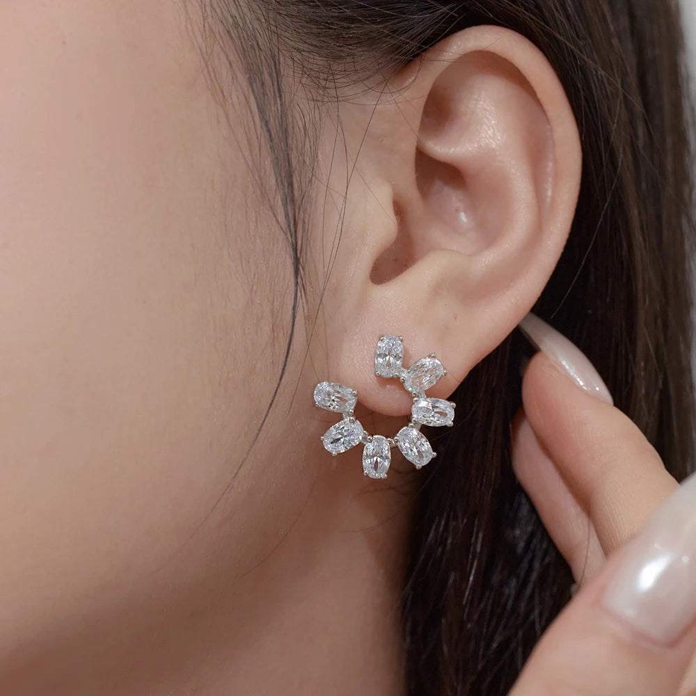 Silver Zircon Oval Cut Sunflower Ear Studs